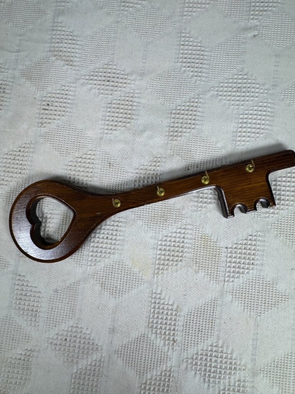 Wooden Key Shaped Wall Hook Key Organizer w Heart Cutout & Brass Hooks For Keys
